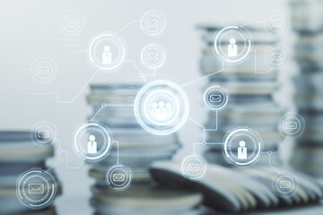 Abstract virtual social network concept on stacks of coins background. Multiexposure