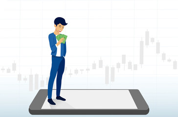 Men hold money stand on smartphone with white screen, young  investing concepts, Candlestick graph buy and sell sign,internet earning cash study, winning plenty of money, vector information