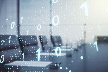 Double exposure of abstract virtual binary code hologram on a modern meeting room background. Database and programming concept