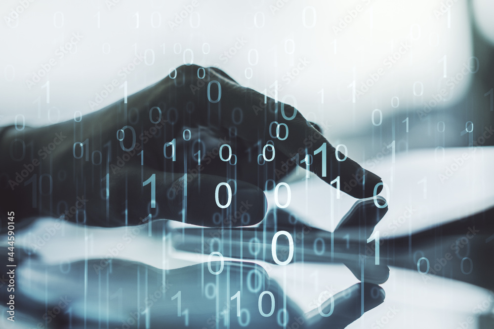 Poster creative concept of binary code illustration and finger clicks on a digital tablet on background. bi