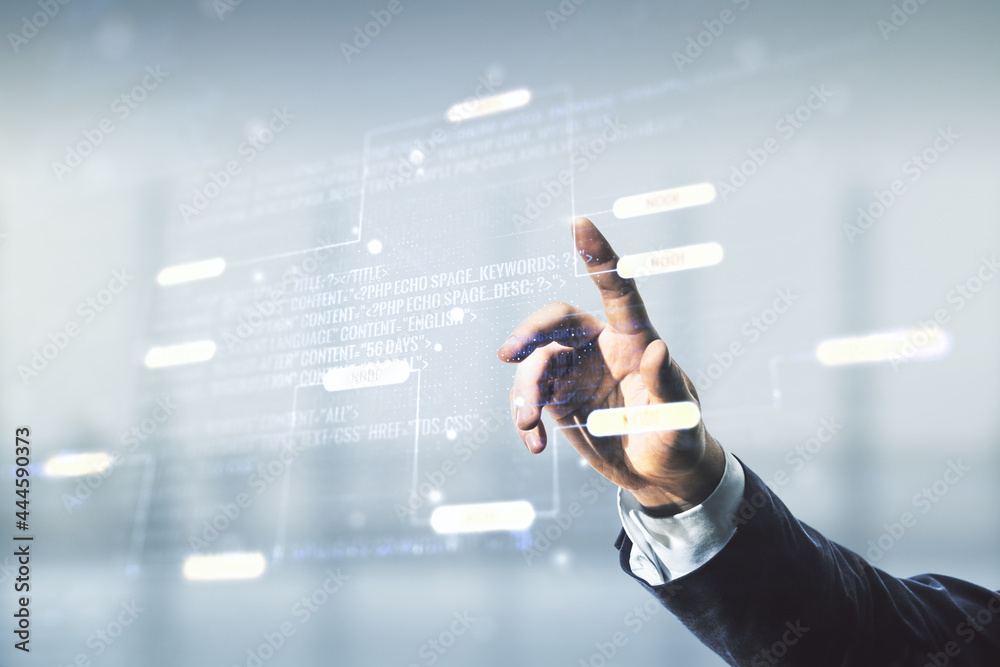 Aufkleber multi exposure of businessman hand clicks on abstract graphic coding sketch on blurred office backgr