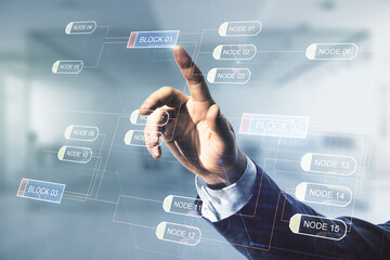 Male hand working with abstract virtual coding concept on blurred office background. Multiexposure