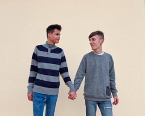 A young interracial gay couple holding hands isolated on a beige background