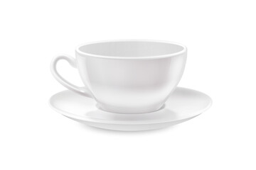 White tea cup and saucer for drink isolated on white background. Ceramic coffee cup or mug close up. Mock-up classic porcelain utensils.