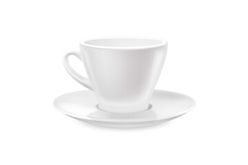 White tea cup and saucer for drink isolated on white background. Ceramic coffee cup or mug close up. Mock-up classic porcelain utensils.