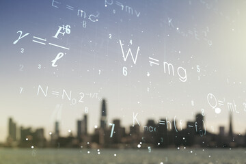 Scientific formula illustration on blurry skyscrapers background, science and research concept. Multiexposure
