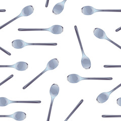 Spoons seamless pattern. Silver kitchen items in cartoon style. Vector design for gift wrap, restaurant tableware decor, invitation, cafe menu