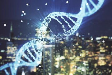 DNA hologram on blurry skyscrapers background, science and biology concept. Multiexposure