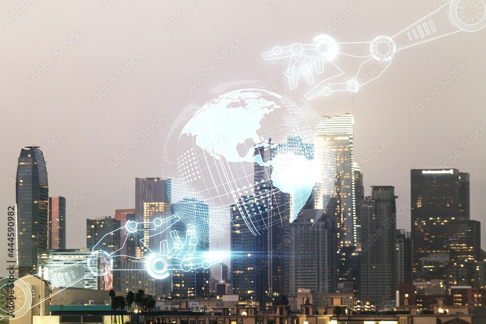 Aufkleber abstract virtual robotics technology sketch with globe on los angeles office buildings background, f