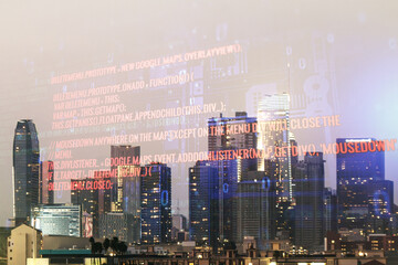 Abstract virtual coding concept on Los Angeles skyline background. Multiexposure