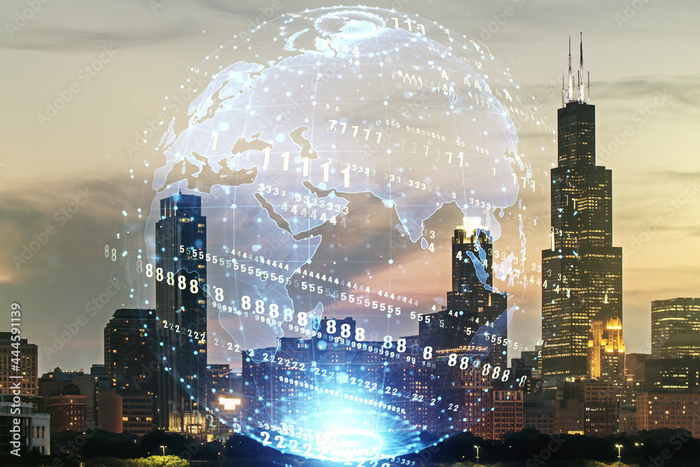 Poster multi exposure of abstract programming language hologram and world map on chicago office buildings b