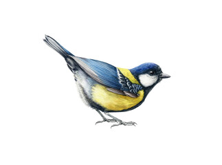 Funny little tit bird. Watercolor illustration. Hand drawn realistic Europe song bird. Great tit common bird close up image. Garden, park, forest, backyard tiny avian on white background - obrazy, fototapety, plakaty