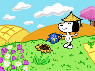 Snoopy regando las flores