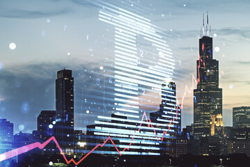 Virtual Bitcoin sketch on Chicago cityscape background. Double exposure