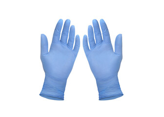 Obraz premium Medical nitrile gloves.Two blue surgical gloves isolated on white background with hands. Rubber glove manufacturing, human hand is wearing a latex glove. Doctor or nurse putting on protective gloves