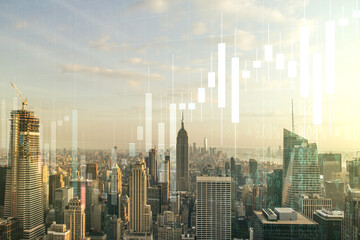 Fototapeta na wymiar Abstract virtual financial graph hologram on New York skyline background, forex and investment concept. Multiexposure