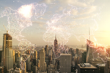 Fototapeta na wymiar Multi exposure of abstract graphic world map on Manhattan cityscape background, big data and networking concept