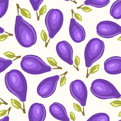 Seamless pattern with plum on white background. Natural delicious fresh ripe tasty fruit. Vector illustration for print, fabric, textile, banner, other design. Stylized plums with leaves.Food concept