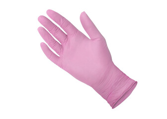 Medical nitrile gloves.Two pink surgical gloves isolated on white background with hands. Rubber glove manufacturing, human hand is wearing a latex glove. Doctor or nurse putting on protective gloves