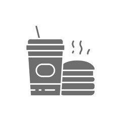 Fast food, american food, burger and soda grey icon.