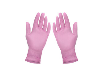 Medical nitrile gloves.Two pink surgical gloves isolated on white background with hands. Rubber glove manufacturing, human hand is wearing a latex glove. Doctor or nurse putting on protective gloves