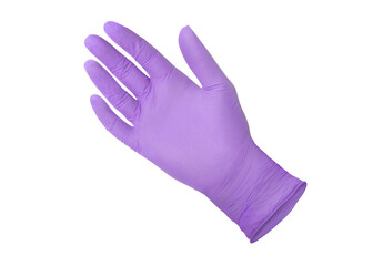Medical nitrile gloves.Two violet surgical gloves isolated on white background with hands. Rubber...