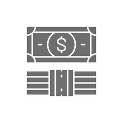 Dollars, bundle of money, banknotes grey icon.