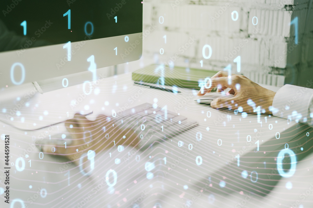 Poster creative abstract binary code hologram and hands typing on computer keyboard on background, ai and m