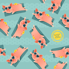 Summer bank holiday. Piggy bank in sunglasses resting on an inflatable beach mattress on the sea. Seamless background pattern.