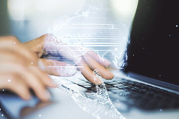 Multi exposure of abstract graphic world map and hands typing on computer keyboard on background, connection and communication concept