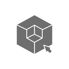 3D modeling, 3 dimensional model, cube geometric shape grey icon.