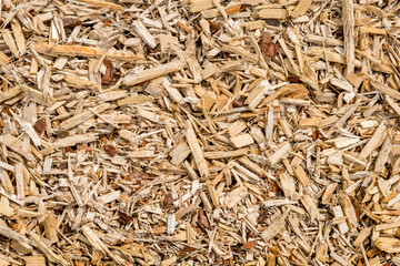 Wood chips and shavings lie flat on the ground. Natural background and wood texture.
