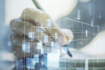 Abstract creative analytics data spreadsheet with woman hand writing in diary on background, analytics and analysis concept. Multiexposure