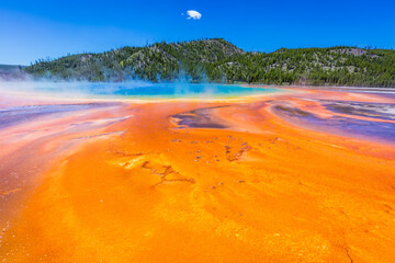 Beautiful Grand Prismatic Spring against blue sky. Amazing scenery at Midway Geyser Basin, Yellowstone National Park, Wyoming