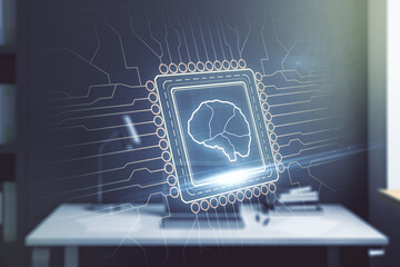 Creative artificial Intelligence concept with human brain hologram and modern desktop with computer on background. Multiexposure