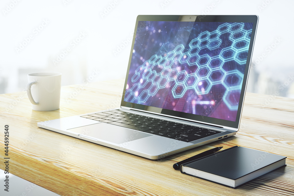 Poster creative abstract wireless technology hologram with hexagon on modern computer monitor, artificial i