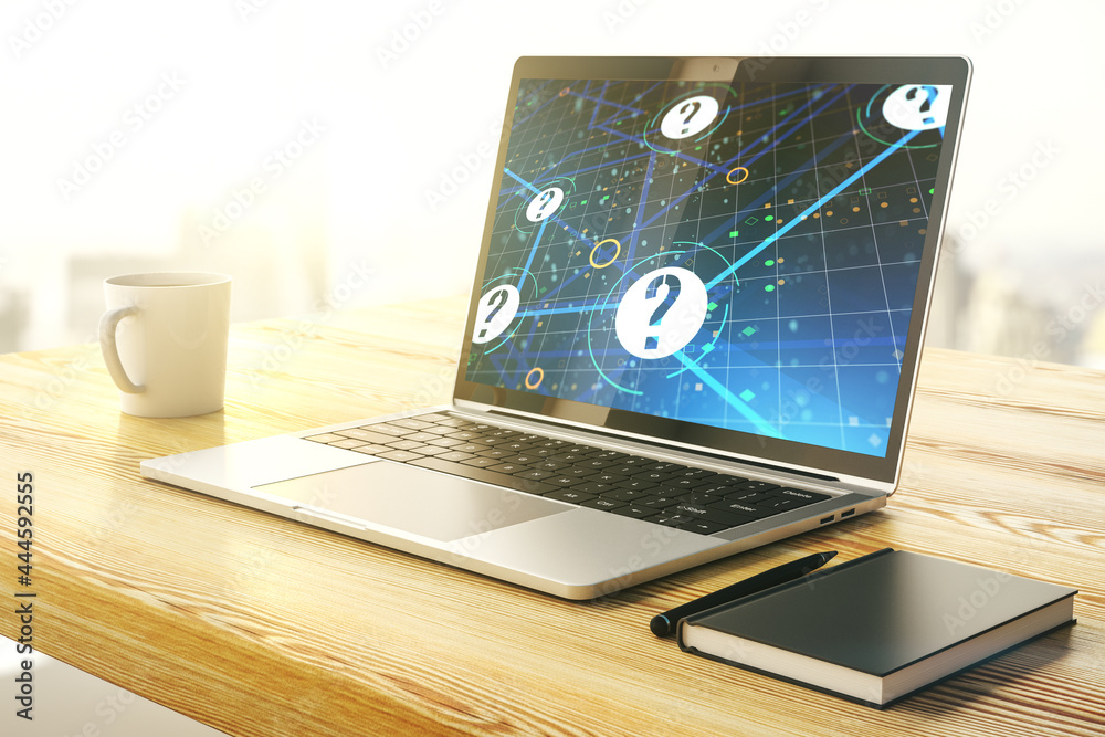 Aufkleber Modern computer monitor with question mark hologram. Sociology and psychology concept. 3D Rendering