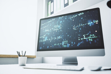 Creative scientific formula illustration on modern computer monitor, science and research concept. 3D Rendering