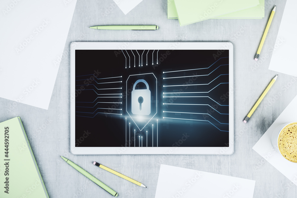 Poster Top view of modern digital tablet monitor with creative lock hologram and chip. Information security concept. 3D Rendering