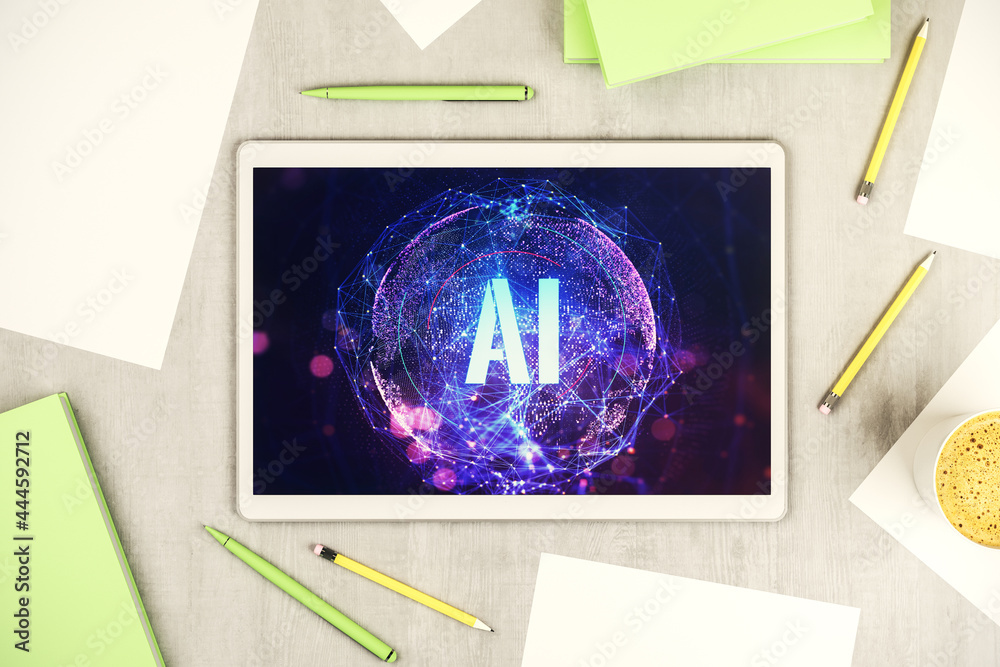 Poster Creative artificial Intelligence symbol concept on modern digital tablet display. Top view. 3D Rendering
