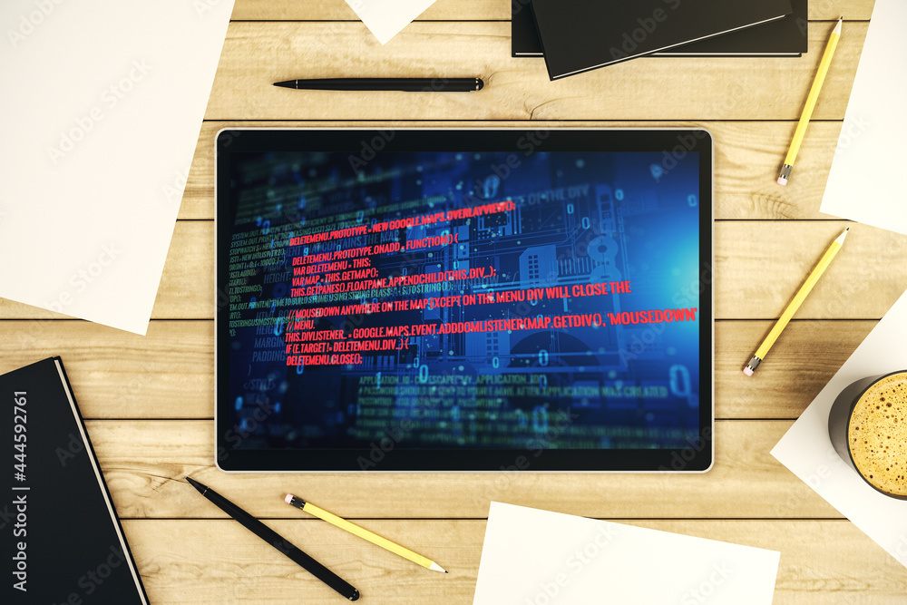 Poster abstract creative coding concept on modern digital tablet screen. top view. 3d rendering