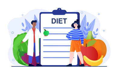 Young male nutritionist is consulting patient in clinic. Doctor is holding an apple for patient patient. Dietician advise for weight loss. Diet plan on clipboard. Flat cartoon vector illustration