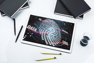 Abstract creative fingerprint hologram on modern digital tablet screen, protection of personal information concept. Top view. 3D Rendering
