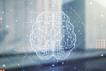 Double exposure of creative artificial Intelligence interface on modern business center exterior background. Neural networks and machine learning concept
