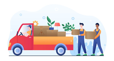 Young male workers are loading stuff in a truck as a moving home service. Concept of moving home service, pick up box car loading home furniture. Truck full of boxes. Flat cartoon vector illustration