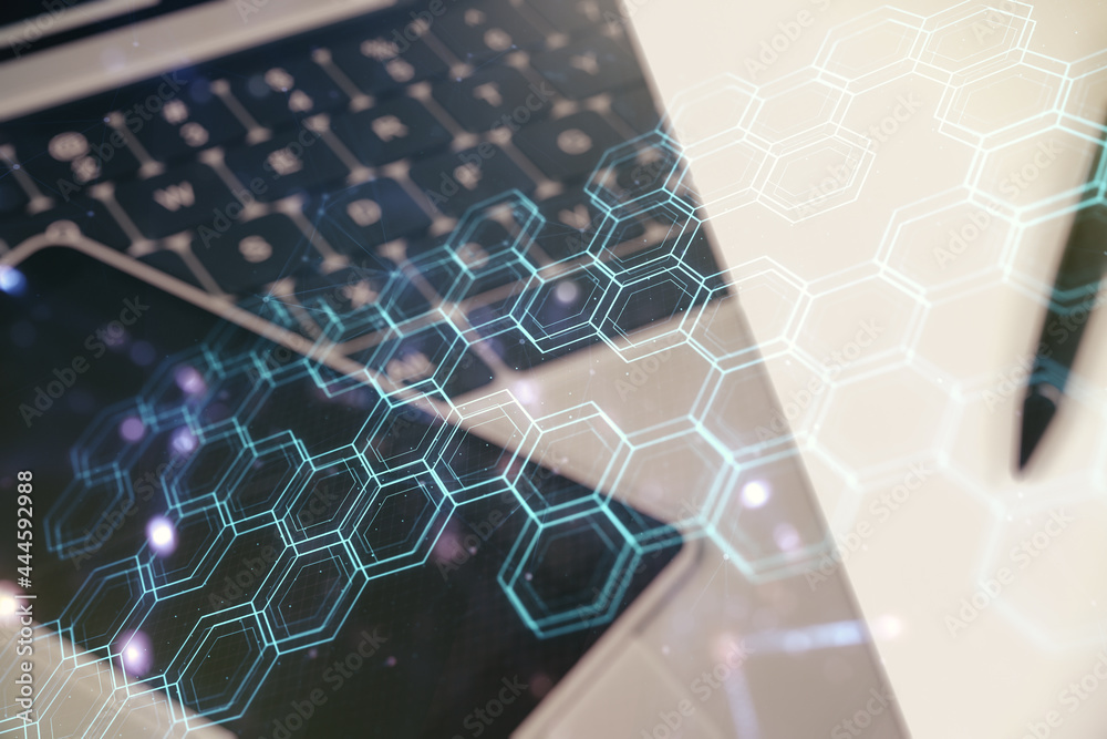 Poster creative concept of wireless technology with hexagon hologram on modern laptop background. big data 