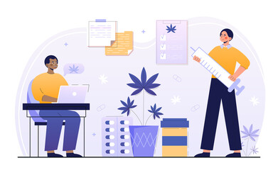 Two male characters are using medical cannabis and marijuana for health. Health commodities, drug, oils and herbs. Men are studying medical qualities of marijuana. Flat cartoon vector illustration