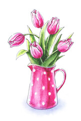 Bouquet of tulips in a pink jug