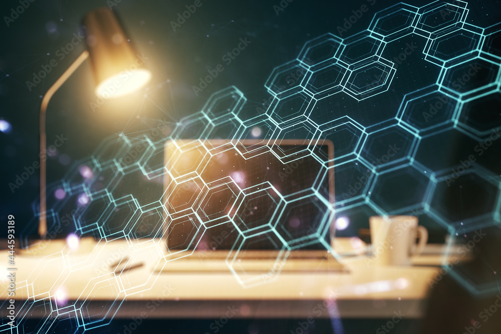 Poster creative abstract technology sketch with hexagon grid on modern laptop background, future technology