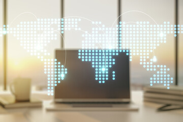 Abstract creative world map with connections on modern laptop background, international trading concept. Multiexposure